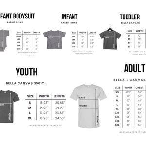 May include: Size chart for infant, toddler, youth, and adult t-shirts. The chart shows the size, width, length, and chest measurements in inches. The chart is for Bella Canvas 3001Y and Bella Canvas 3001 t-shirts.