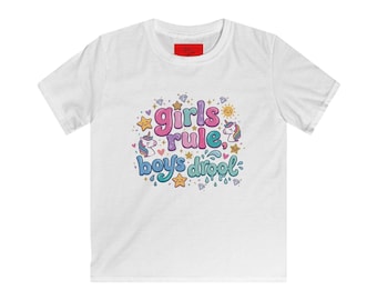 Girls Rule Boys Drool Kids Tee | Retro Rainbow Typography, Stars Hearts Unicorn