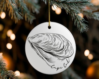 Enfeite de cerâmica com concha de ostra de Cape Cod | Decoração costeira | Presente para casa de praia | Decoração de Natal | Lembrança para quem ama a natureza