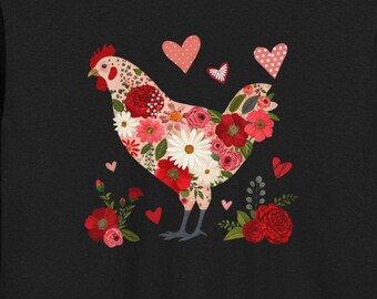 Floral Hen with Hearts Long Sleeve Shirt | Chicken, Flowers, Valentine