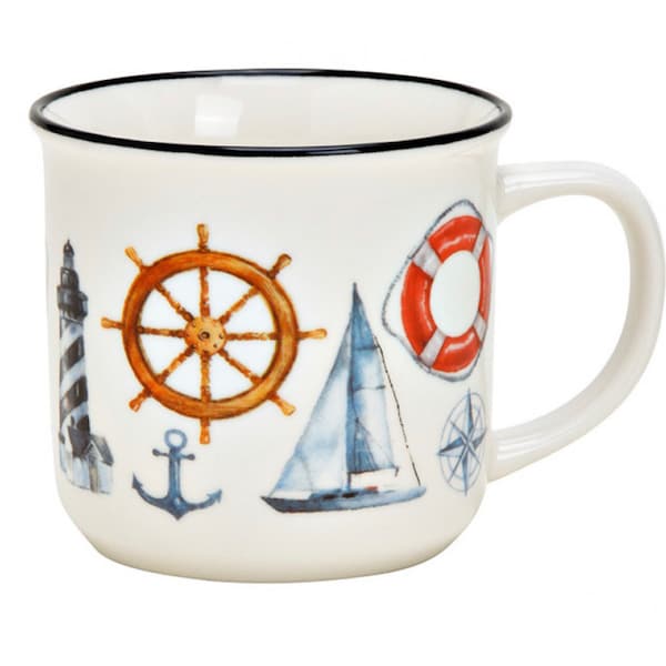 Kaffeebecher Emailleoptik maritim Anker Leuchtturm Tasse Porzellan