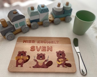 Frühstücksbrett personalisiert Kinder Biber Kindergeburtstag Taufe Babygeschenk Schulanfang