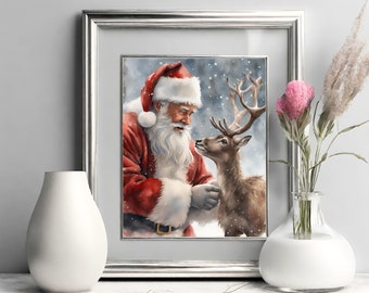 Santa Claus and Reindeer Christmas Watercolor Digital Art Print for Holiday Home Decor, Printable Wall Art for Holiday Mantel Display