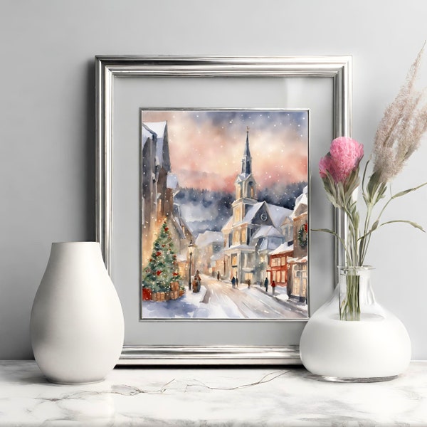 Winter Church Landscape Watercolor Digital Art Print for Holiday Mantel Decor, Religious Christmas Printable Wall Art for Home Decorating