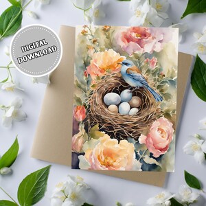 Tarjeta de felicitación en blanco con forma de nido de pájaro, tarjeta imprimible de 5 x 7 con flores de acuarela, tarjeta de nota en blanco de descarga instantánea para cualquier ocasión