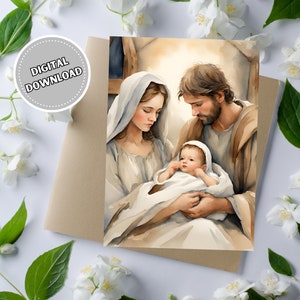Nativity Christmas Greeting Card, 5x7 Printable Blank Card for Holidays, Mary and Joseph with Baby Jesus Christian Foldable Christmas Card