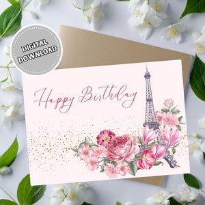 Tarjeta de feliz cumpleaños de la Torre Eiffel, 5x7 Descarga instantánea tarjeta de felicitación parisina en blanco con flores de acuarela