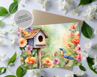 Birdhouse Blank Greeting Card for Any Occasion, 5x7 Printable Note Card for Special Occasion, Instant Download Print at Home Cards