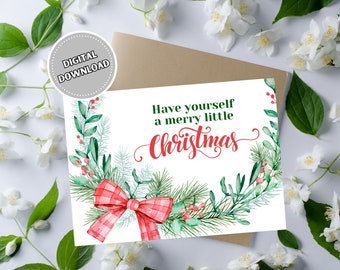 Carte de voeux imprimable Joyeux Noël avec couronne, carte de style ferme en téléchargement numérique pour les vacances, carte de Noël rouge et verte
