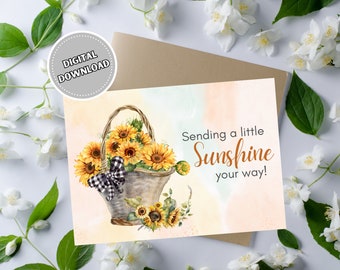 Thinking of You Greeting Card with Sunflowers, 5x7 Digital Download Printable Farmhouse Style Card for Any Occasion