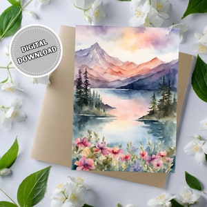 Tarjeta de felicitación de Mountain Lake para cualquier ocasión, tarjeta de notas en blanco imprimible de 5 x 7 con ilustraciones de acuarela, tarjeta de felicitación para ocasiones especiales