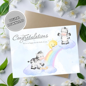 Gefeliciteerd kaart voor baby shower, 5x7 Instant Download lege wenskaart met zebra's en regenboog, afdrukbare kaart voor nieuwe ouders