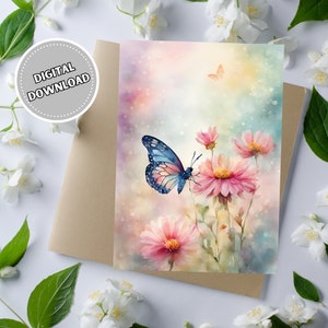 Tarjeta de felicitación en blanco con diseño de mariposa en acuarela para cualquier ocasión, tarjeta de notas imprimible de 5 x 7 con flores, tarjetas con impresiones artísticas de descarga instantánea