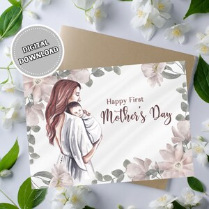 Tarjeta feliz del primer día de la madre para nueva mamá, tarjeta de felicitación en blanco imprimible 5x7 para nueva madre, tarjeta de flores de acuarela para mamá joven
