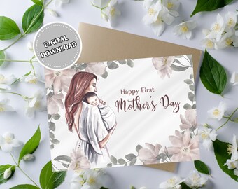 Happy First Mother&#39;s Day Card for New Mom, 5x7 Printable New Mother Blank Greeting Card, Watercolor Flower Card for Young Mom