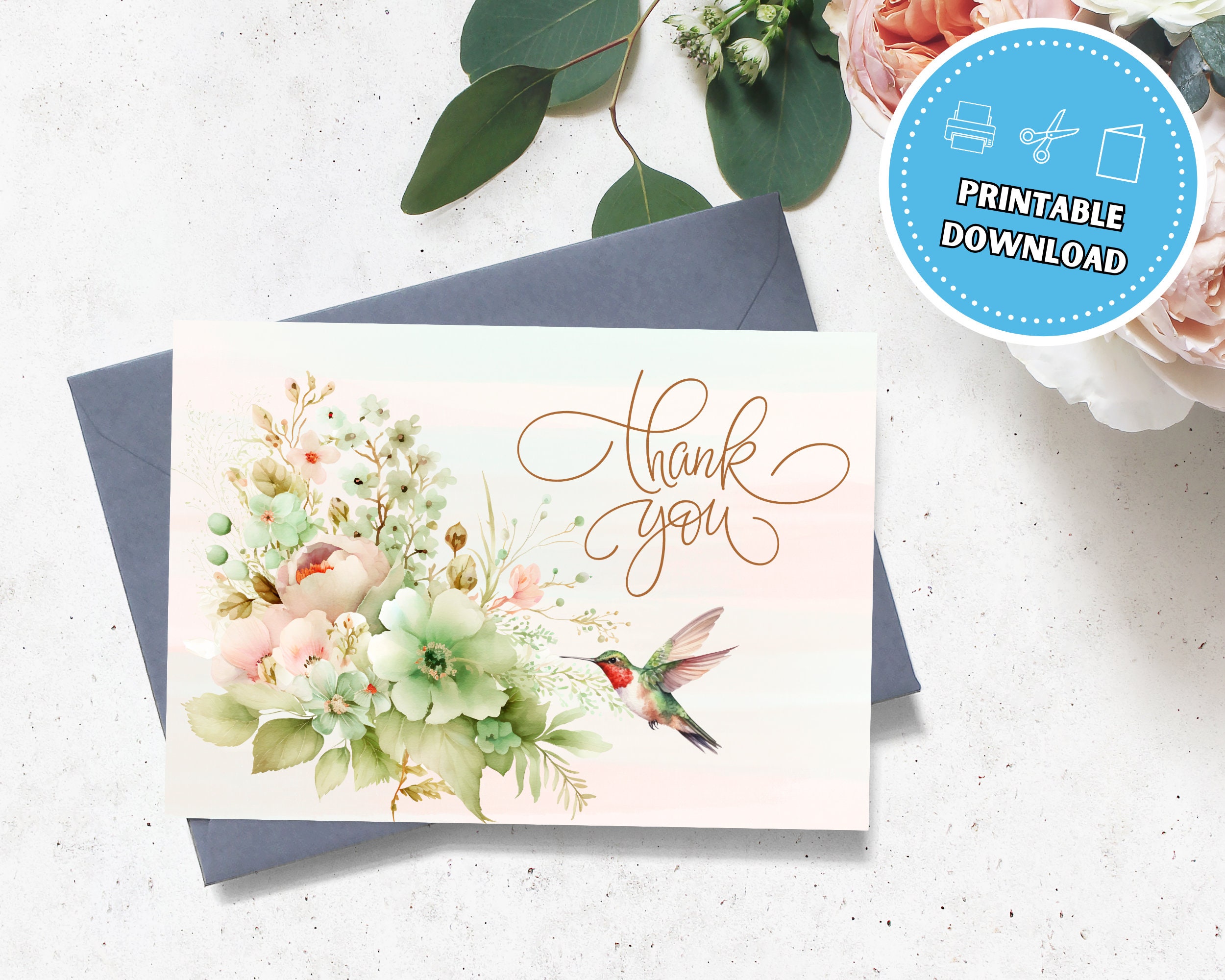 Floral Thank You Card, 5x7 Printable Blank Greeting Card With ...