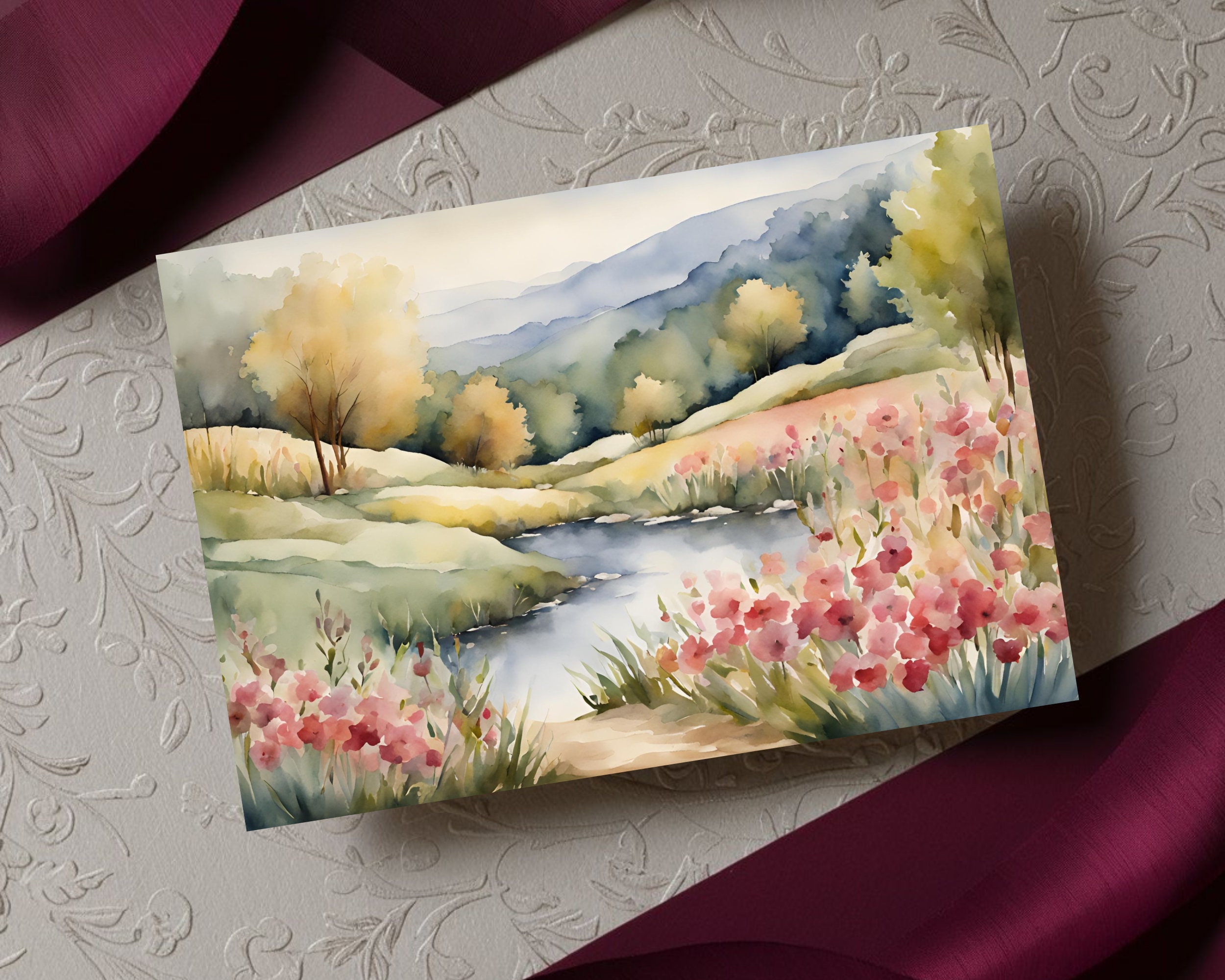 Greeting Card With Watercolor Landscape, 5x7 Printable Blank Note Card ...