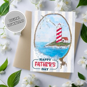 Tarjeta náutica feliz del día del padre, tarjeta de felicitación en blanco imprimible 5x7 con faro de acuarela para papá, tarjeta de estilo costero para él