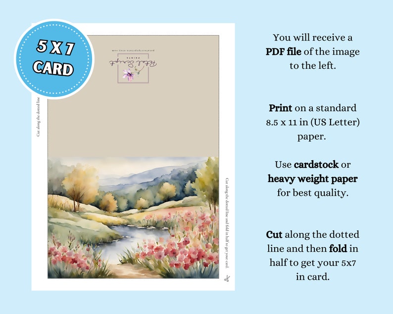 Greeting Card With Watercolor Landscape, 5x7 Printable Blank Note Card ...