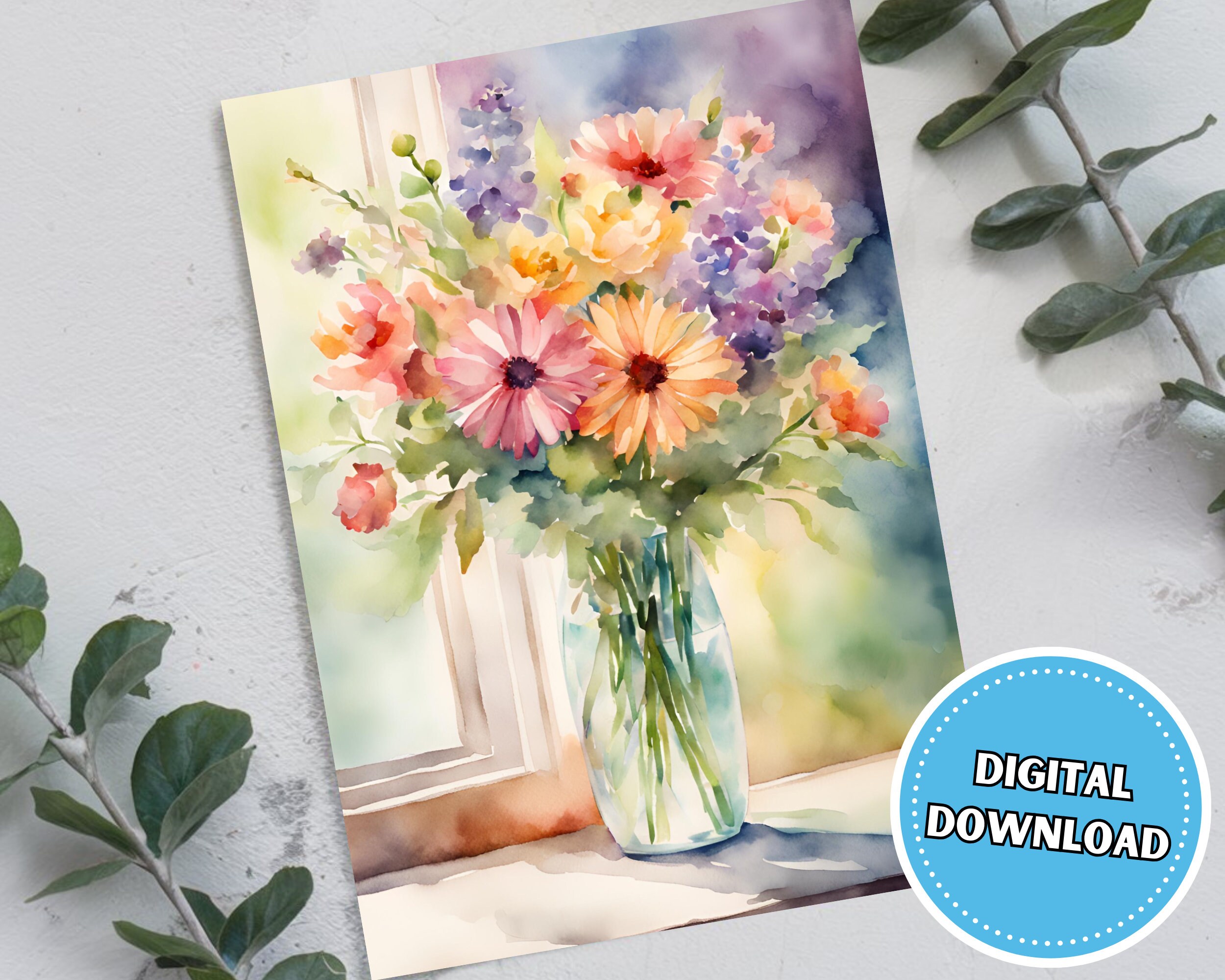 Watercolor Flower Bouquet Greeting Card for Any Occasion, 5x7 Printable ...