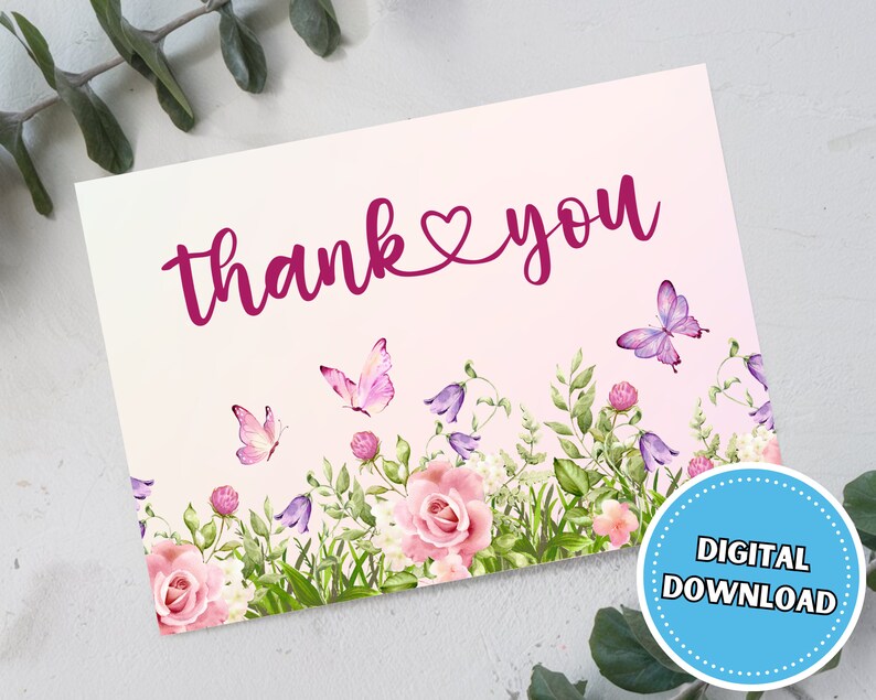 Thank You Card With Watercolor Flowers and Butterflies, 5x7 Instant ...