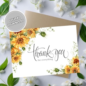 Cartão de agradecimento com girassóis, cartão de felicitações em branco para download instantâneo 5x7, cartões para impressão de girassol amarelo