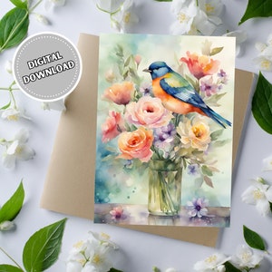 Tarjeta de felicitación en blanco con flores y pájaros en acuarela, tarjeta imprimible de 5 x 7 para cualquier ocasión, tarjeta de descarga instantánea para amantes de los pájaros