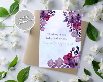 Biglietto "Pensando a te" con fiori viola ad acquerello, biglietto d'auguri vuoto stampabile 5x7 per ogni occasione