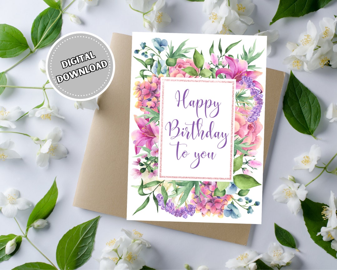 Birthday Card 5x7 Digital Download, Pink and Purple Flower Blank ...