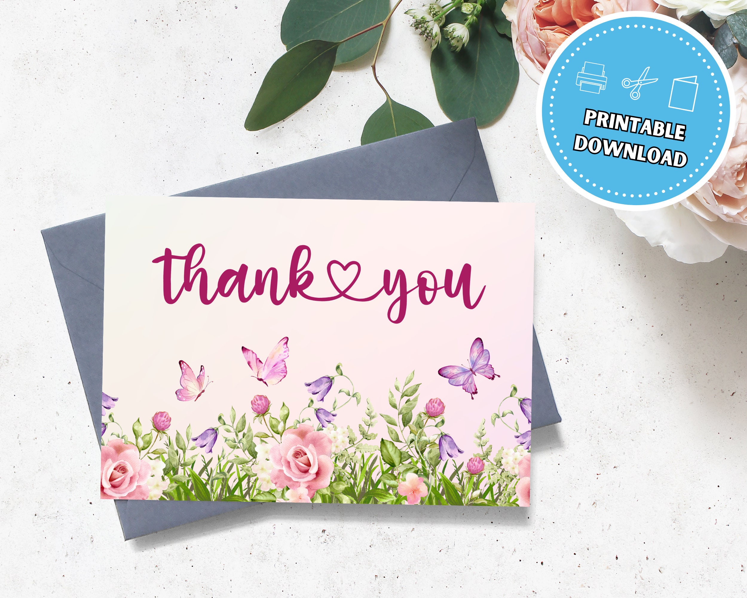 Thank You Card With Watercolor Flowers and Butterflies, 5x7 Instant ...