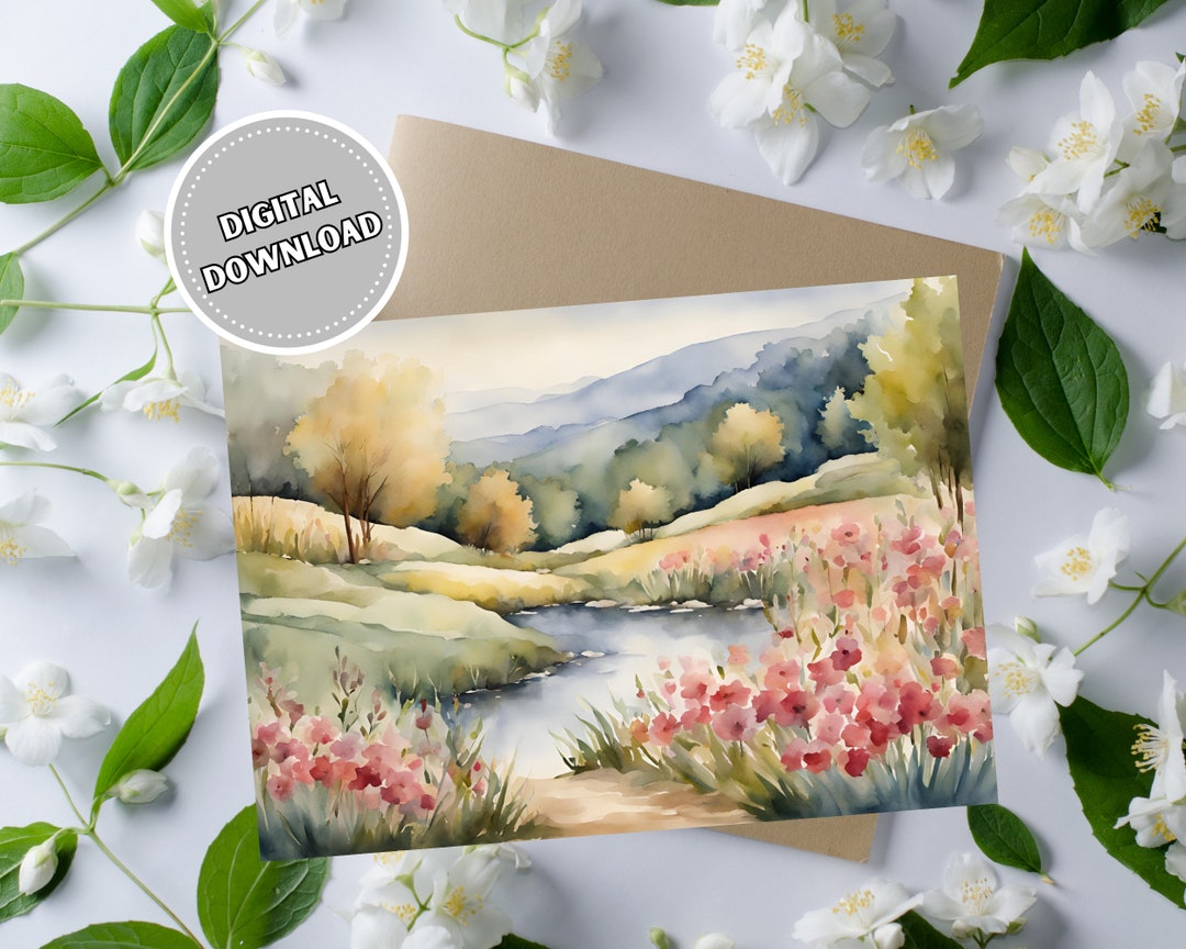 Greeting Card With Watercolor Landscape, 5x7 Printable Blank Note Card ...