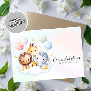 Baby shower felicitatiekaart, 5x7 Instant Download blanco wenskaart met babydieren voor pasgeboren kind, aquarelkaart voor nieuwe moeder