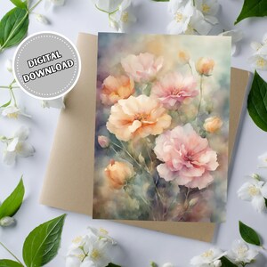 Tarjeta de felicitación en blanco para cualquier ocasión con flores de acuarela, tarjeta imprimible de 5 x 7 con flores elegantes, tarjeta floral de descarga instantánea para cualquier persona