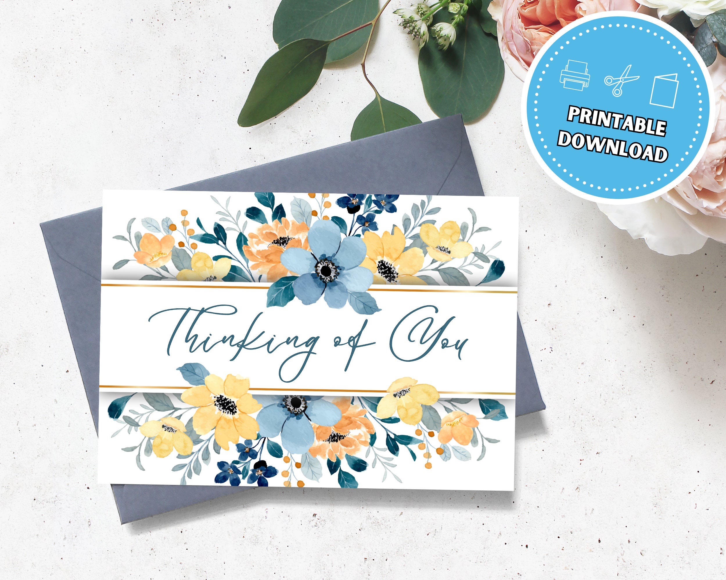 Thinking of You Watercolor Flower Card, 5x7 Instant Download Blank ...