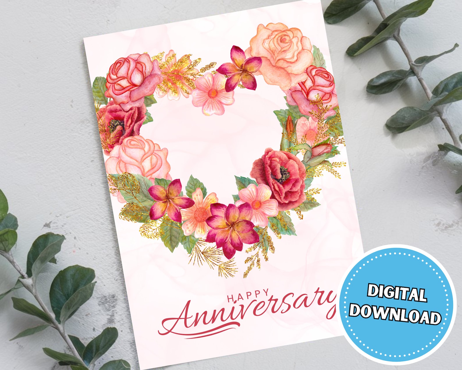 Happy Anniversary Card With Roses, 5x7 Printable Blank Greeting Card ...