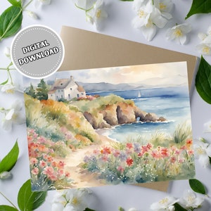 Seaside Grußkarte für jeden Anlass, 13x18 druckbare leere Karte mit Küstengrafik, Ocean Cottage Instant Download Karten