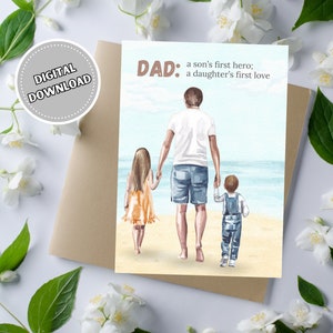 Cartão de feliz dia dos pais com retrato em aquarela, download instantâneo 5x7 Cartão em branco com pai e filhos, presente de dia dos pais para ele