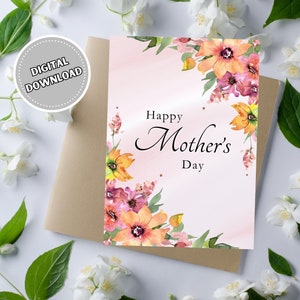 Tarjeta feliz del Día de la Madre con flores de acuarela, tarjeta de felicitación de descarga digital 5x7 para madre o abuela, tarjetas de descarga instantánea
