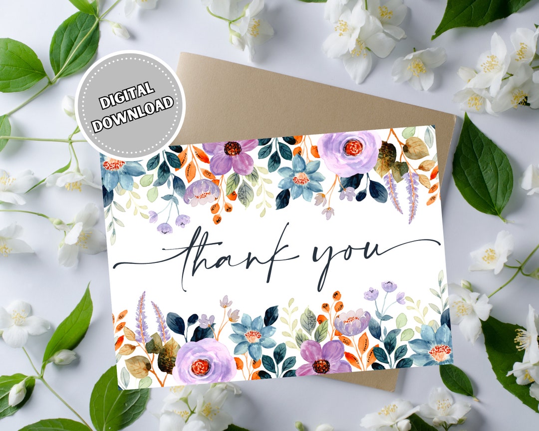 Thank You Card With Watercolor Flowers, 5x7 Instant Download Blank ...