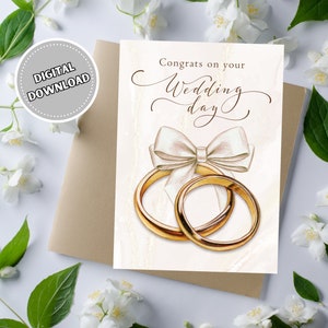 Félicitations pour votre mariage, carte de voeux vierge de 5 x 7 pouces avec anneaux de mariage aquarelle, carte imprimable pour couple