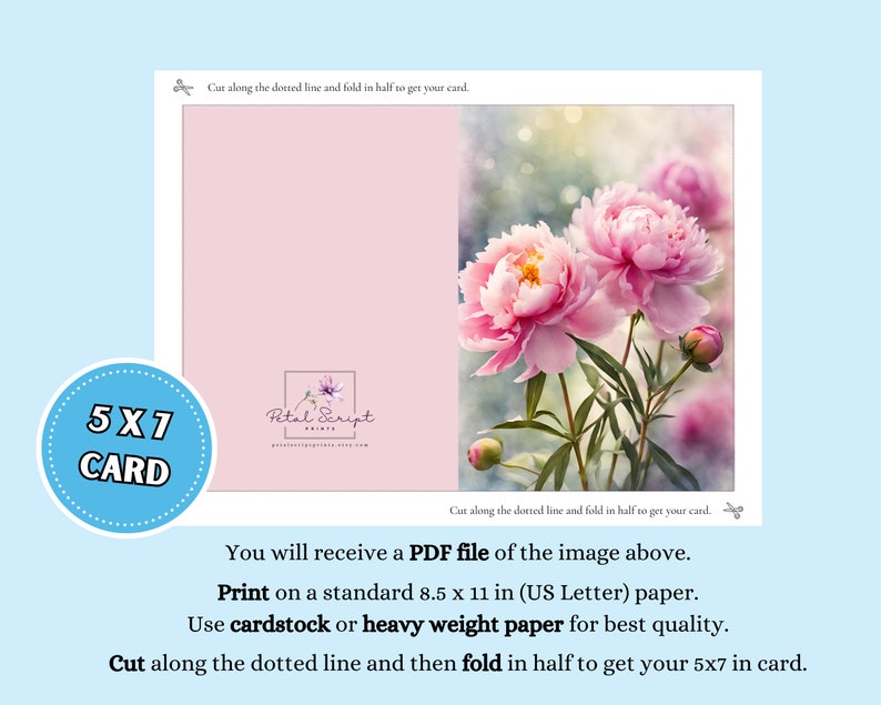 Pink Peony Flower Greeting Card for Any Occasion, 5x7 Printable Blank ...