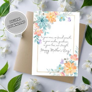 Tarjeta feliz del día de la madre con flores y mariposas de acuarela, tarjeta imprimible de descarga instantánea 5x7 para mujer, tarjeta de felicitación plegable en blanco
