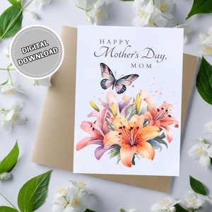 Carte de fête des mères heureuse avec fleurs de lys et papillon, carte de voeux vierge imprimable aquarelle fleur pour femme