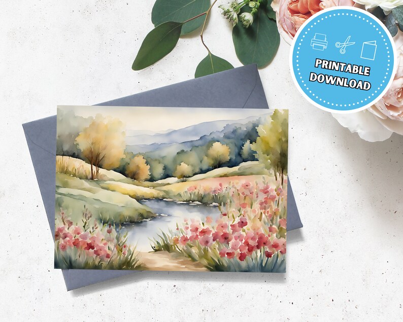 Greeting Card With Watercolor Landscape, 5x7 Printable Blank Note Card ...