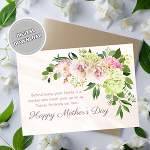 Tarjeta feliz del día de la madre con flores de acuarela y hortensias, tarjeta de felicitación en blanco de descarga instantánea 5x7 para mujer
