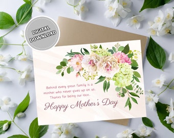 Happy Mother&#39;s Day Card with Watercolor Flowers and Hydrangea, 5x7 Instant Download Blank Greeting Card for Woman