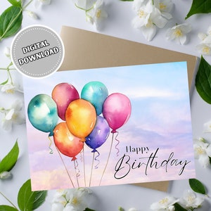 Alles Gute zum Geburtstag mit Luftballons, 5x7 Instant Download Grußkarte für Geburtstagsparty, druckbare Aquarellkarte
