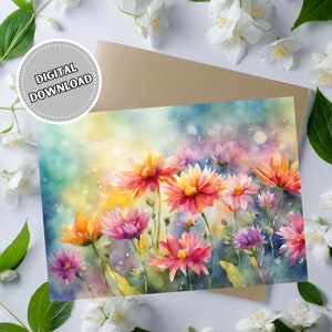 Tarjeta de felicitación en blanco con flores de acuarela para cualquier ocasión, tarjeta de notas imprimible de 5 x 7 para ocasiones especiales, descarga instantánea, tarjetas para imprimir en casa