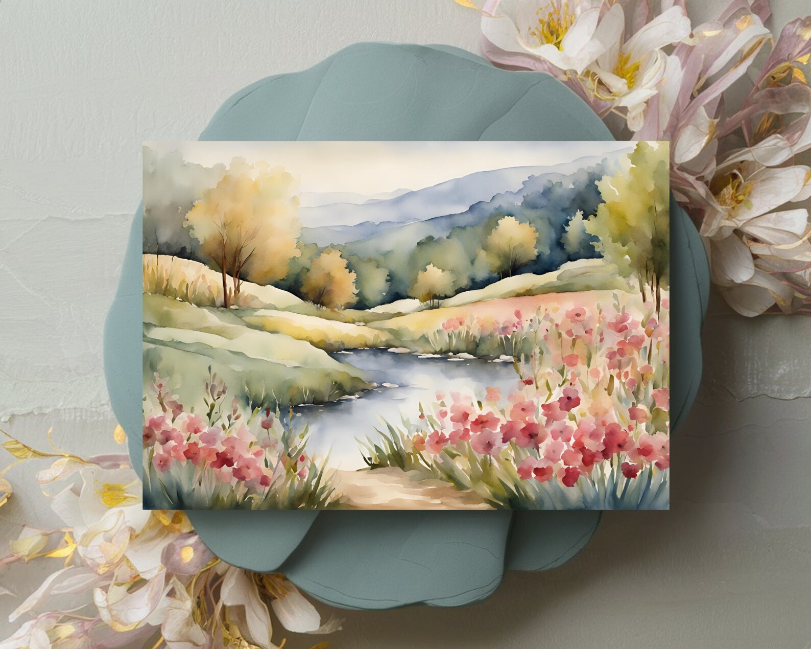 Greeting Card With Watercolor Landscape, 5x7 Printable Blank Note Card ...