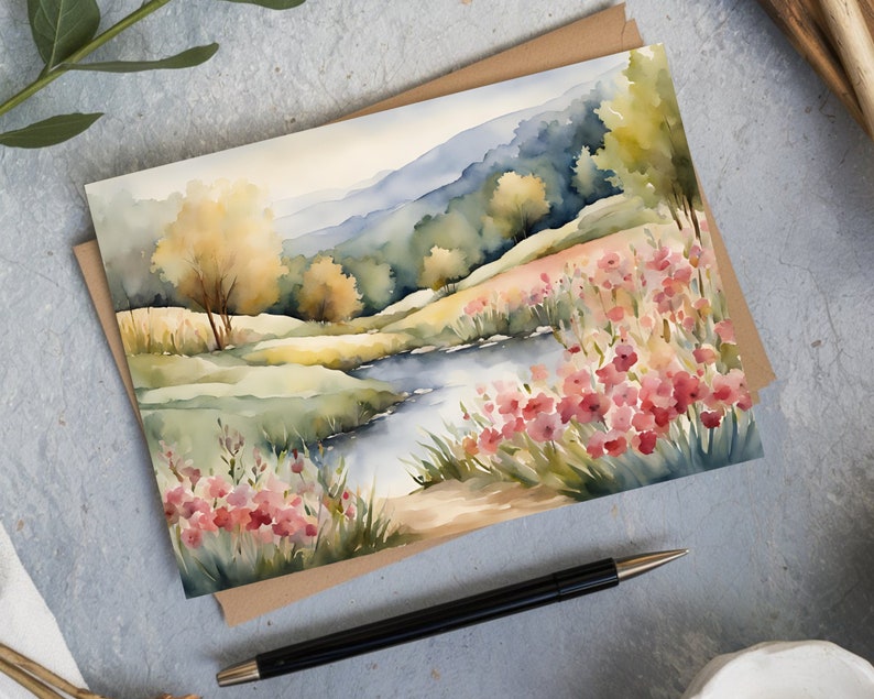 Greeting Card With Watercolor Landscape, 5x7 Printable Blank Note Card ...